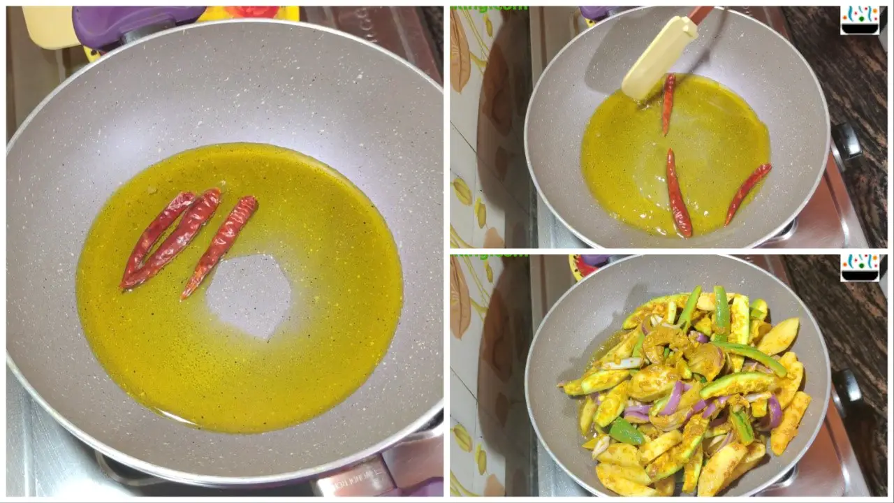 adding the dried red chili and marinated aloo potol in oil