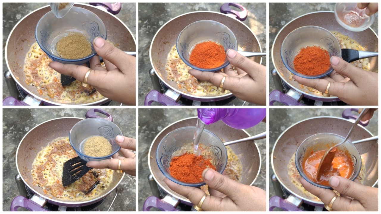 Making a paste of red chili powder, Kashmiri red chili powder, coriander powder and cumin powder