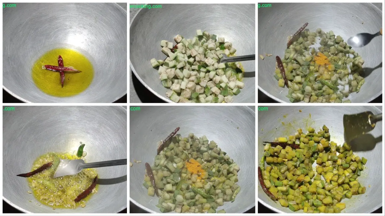 Add dry red chillies, garlic, green chilli, brinjal, turmeric, a pinch of salt step by step image