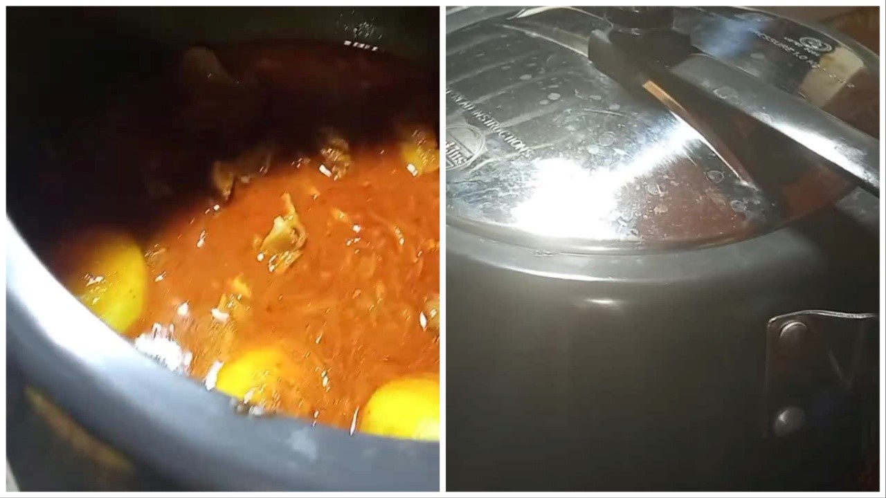 Adding fried potatoes to mutton