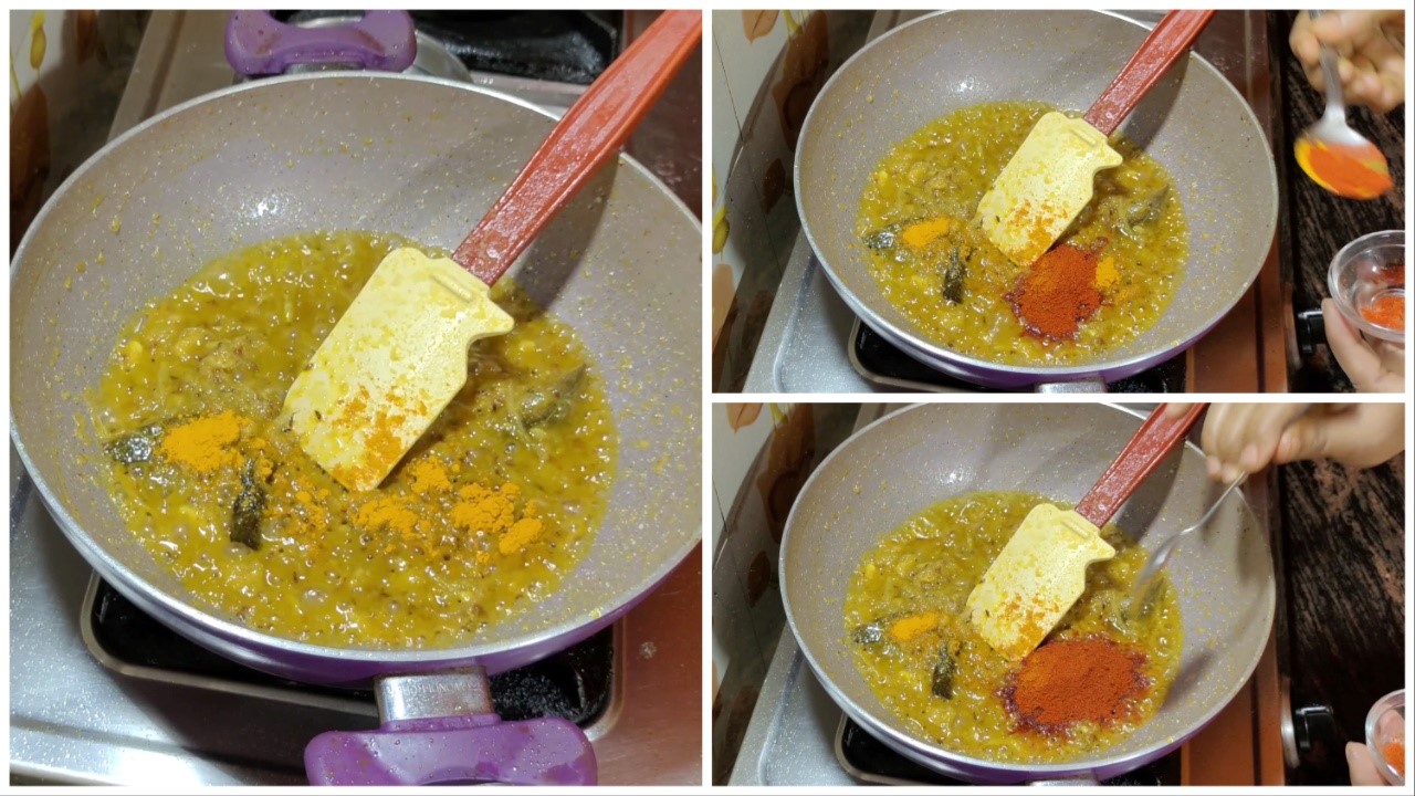 Adding turmeric powder, red chili powder, Kashmiri red chili powder