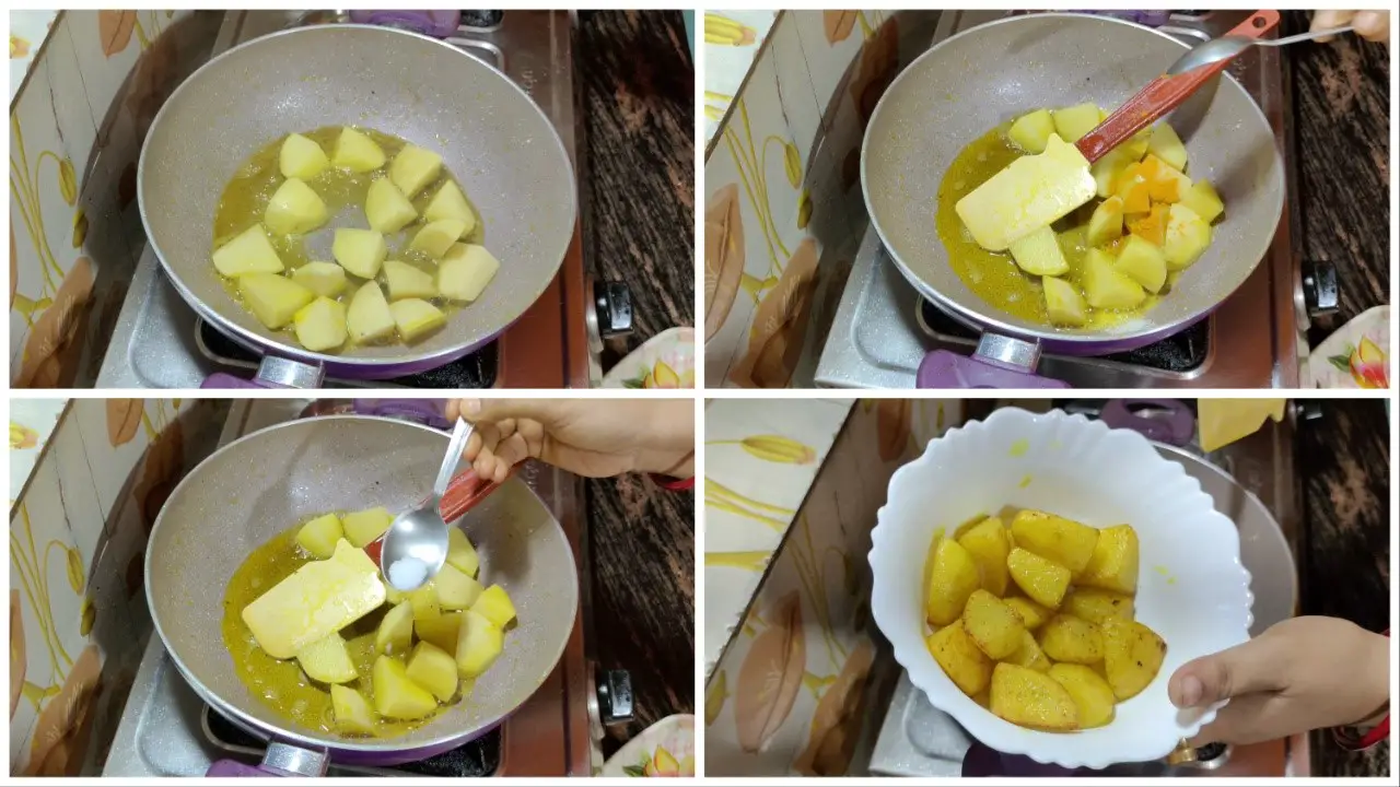 Taking out lightly fried potato cubes