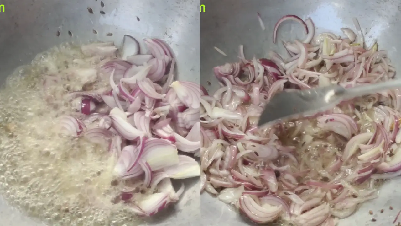 Add finely sliced onions and frying