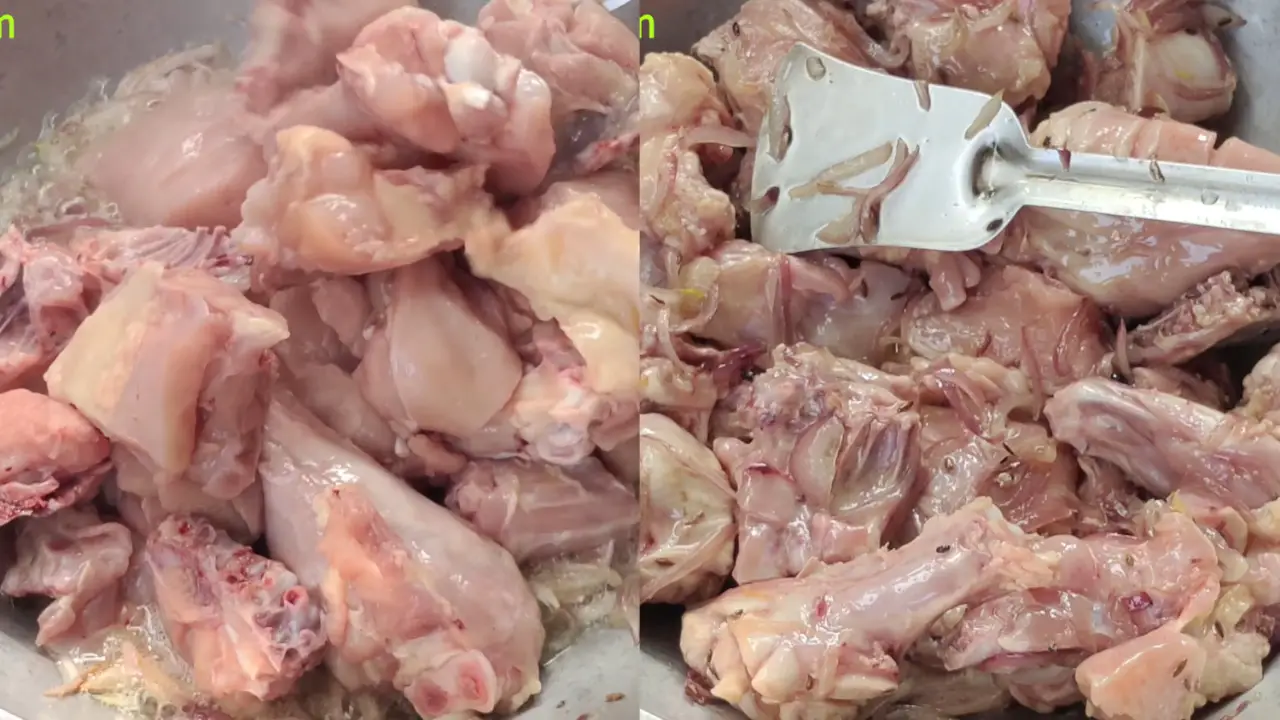 Adding chicken pieces to the wok and mixing