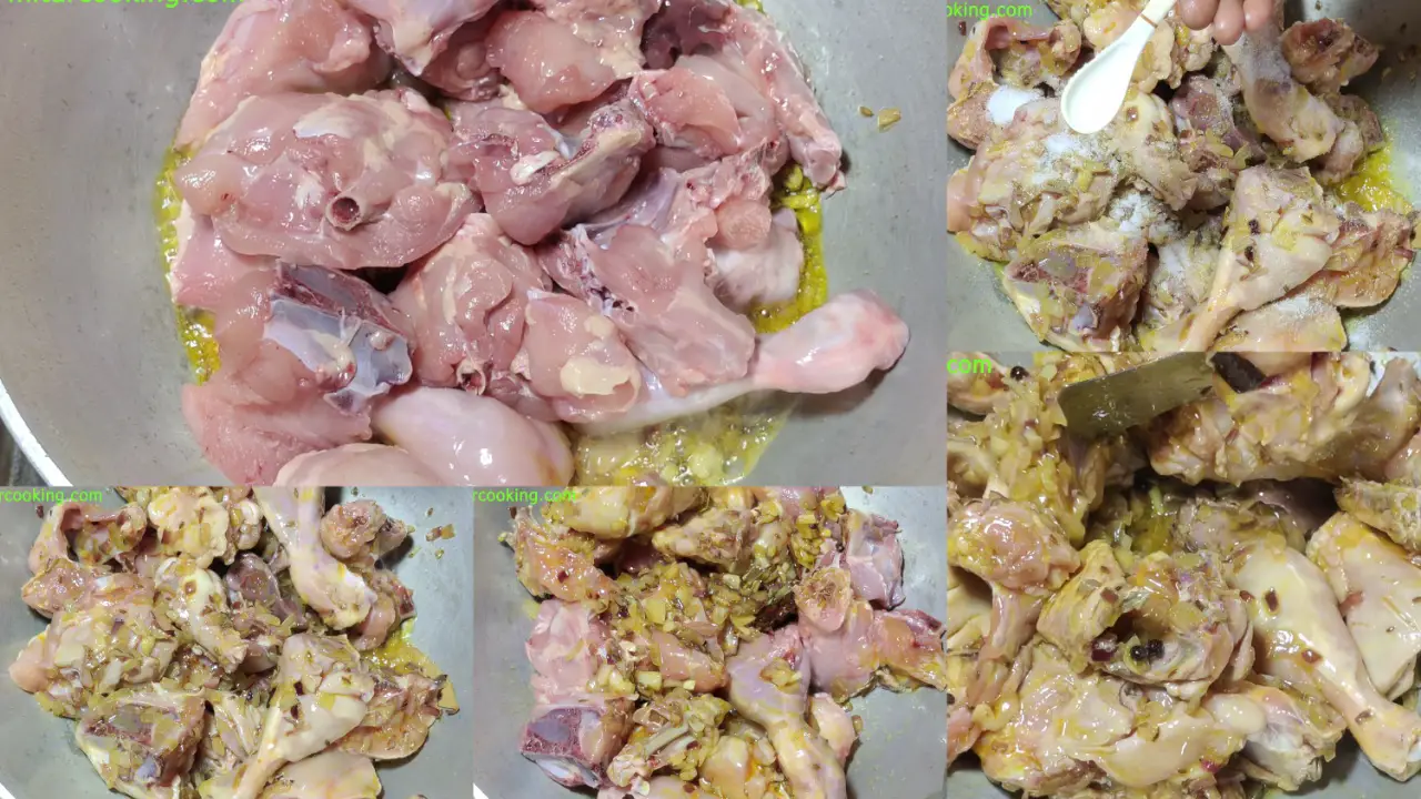 Adding chicken pieces, vinegar and salt as per taste and stirring