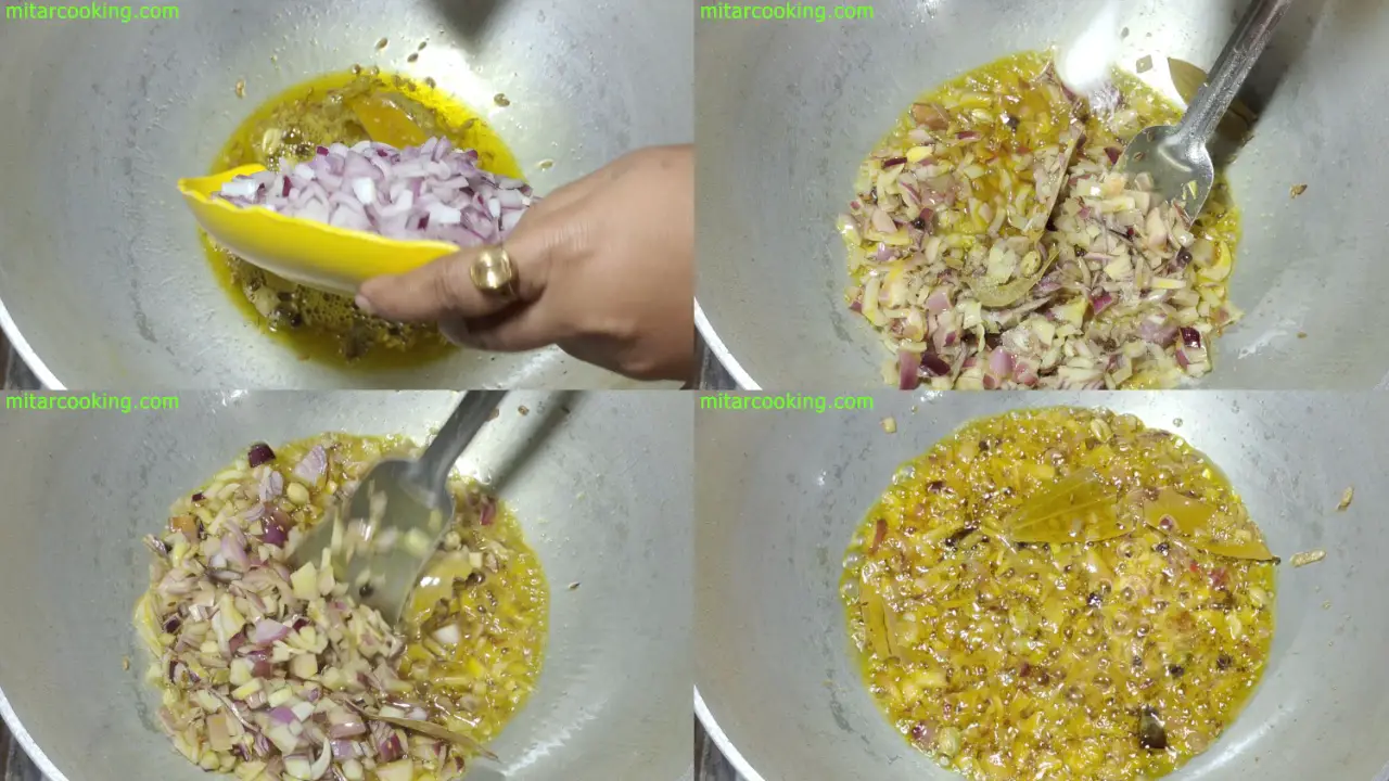 Adding chopped onion, a pinch of salt and frying