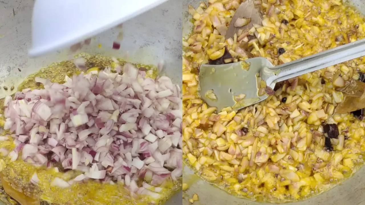 Adding chopped onions and frying