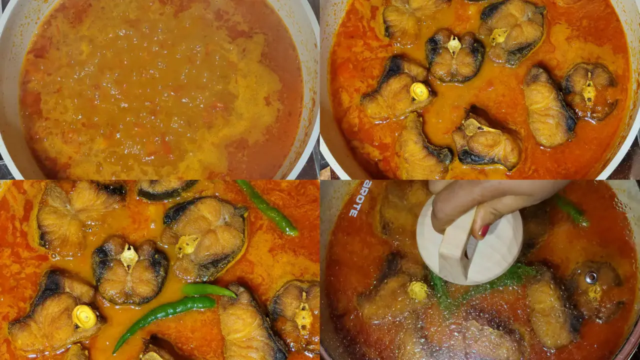 Removing the lid and adding the fried fish pieces and four green chilis