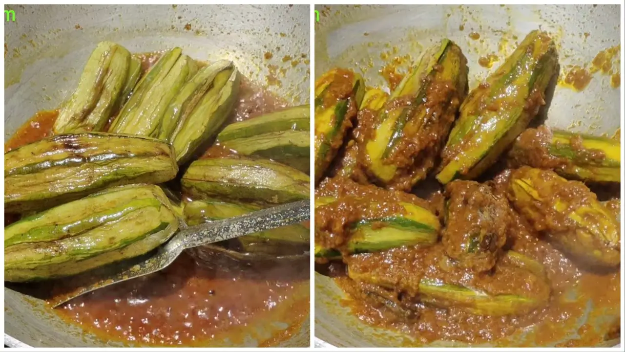 adding the fried pointed gourds to the paste