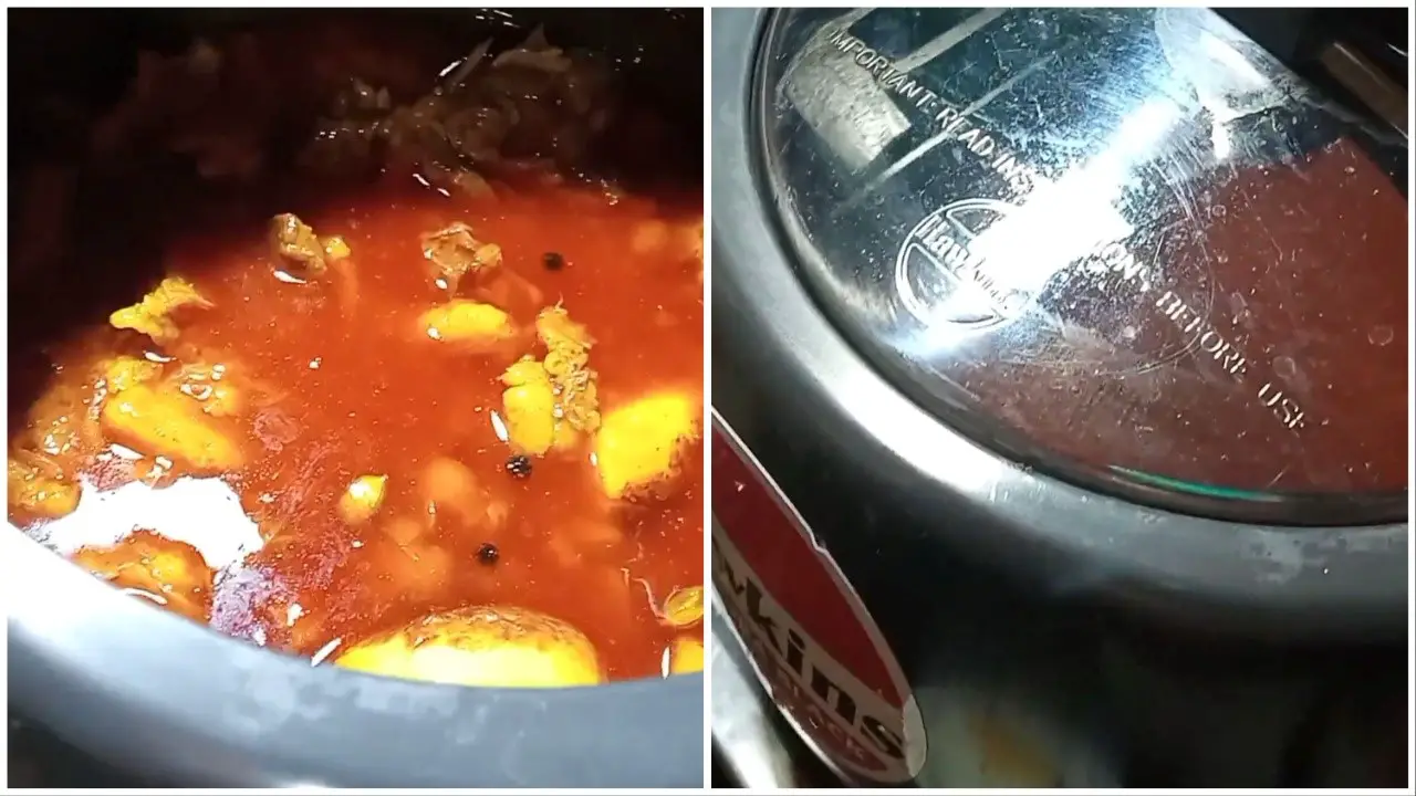 Adding fried potatoes to the mutton curry