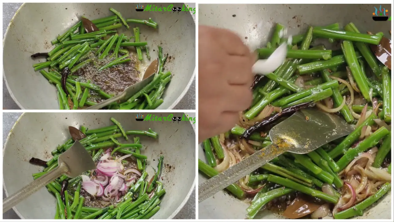 Adding Malabar spinach stems and sliced onions