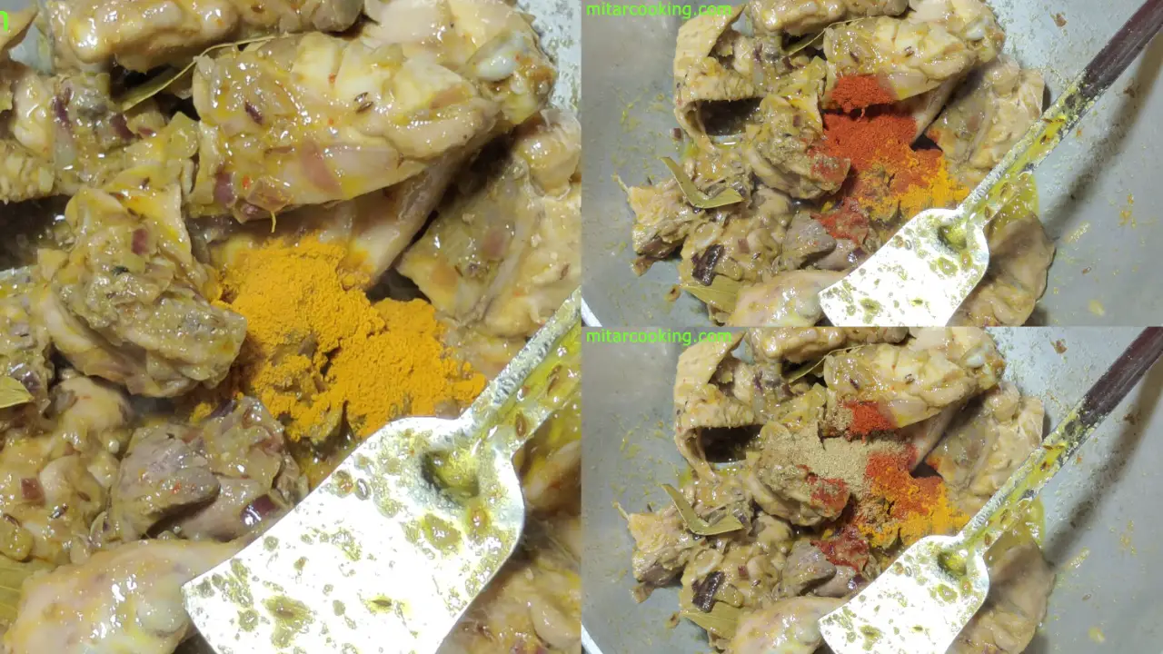 Adding turmeric powder, red chili powder and coriander-cumin powder