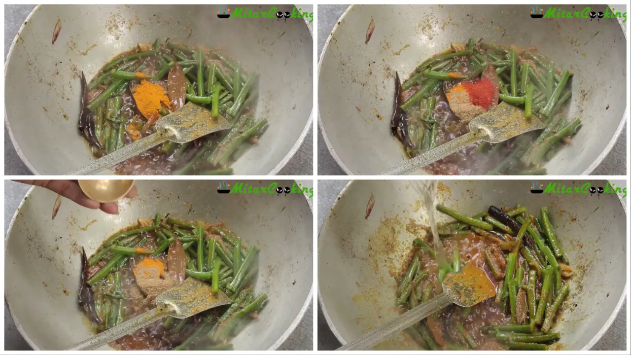 Adding turmeric powder, coriander powder and red chili powder
