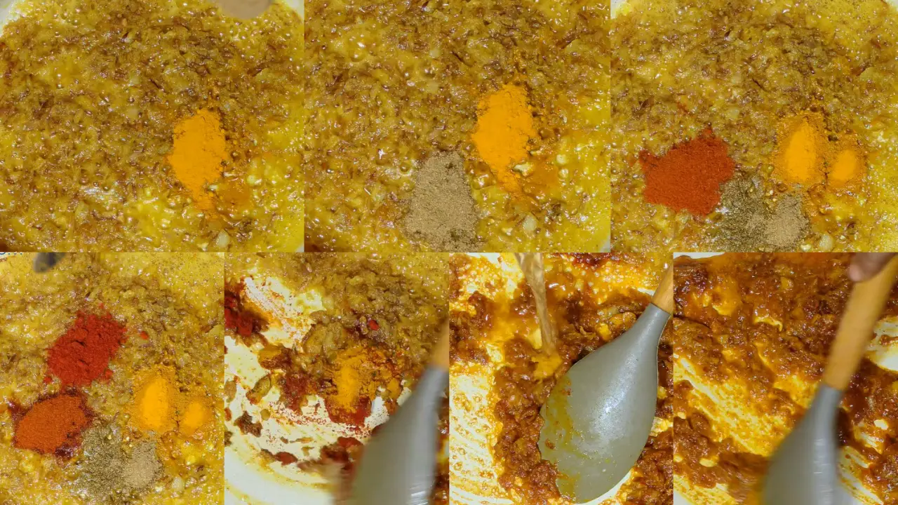 Adding, turmeric powder, red chili powder, Kashmiri red chili powder, coriander powder and Stirring