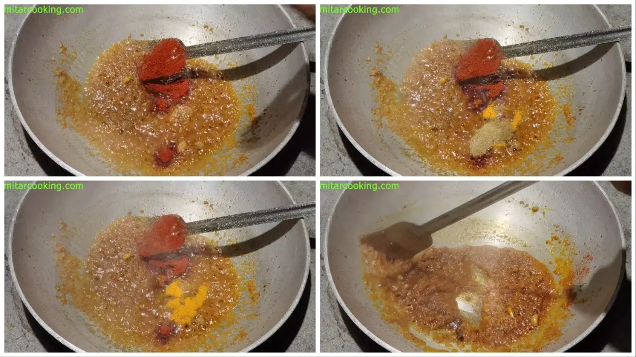 Adding turmeric powder, red chili powder, coriander powder, and cumin powder