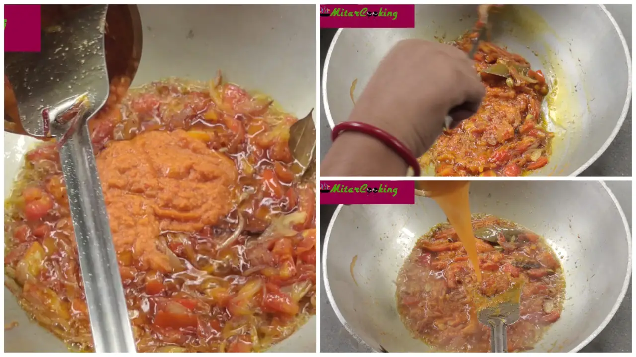 Adding red chili paste, onion paste and ginger-garlic paste