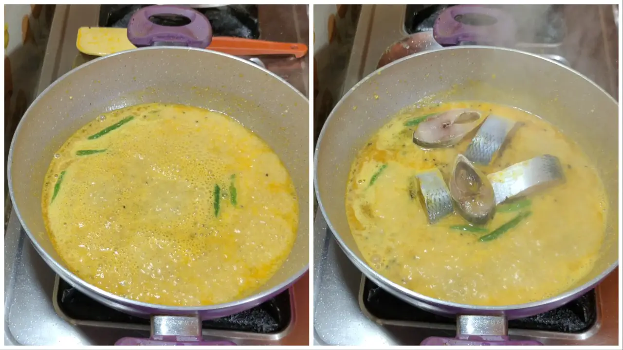 Adding the Hilsa fish pieces one by one