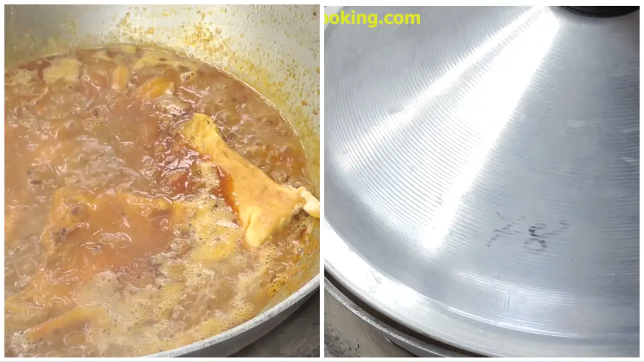 Adding the fried egg pieces and covering the pan with lid