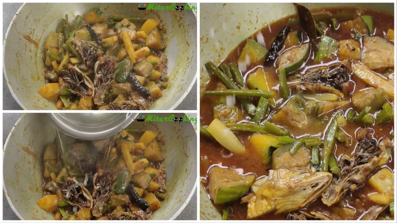 Adding the fried hilsa heads, water and salt