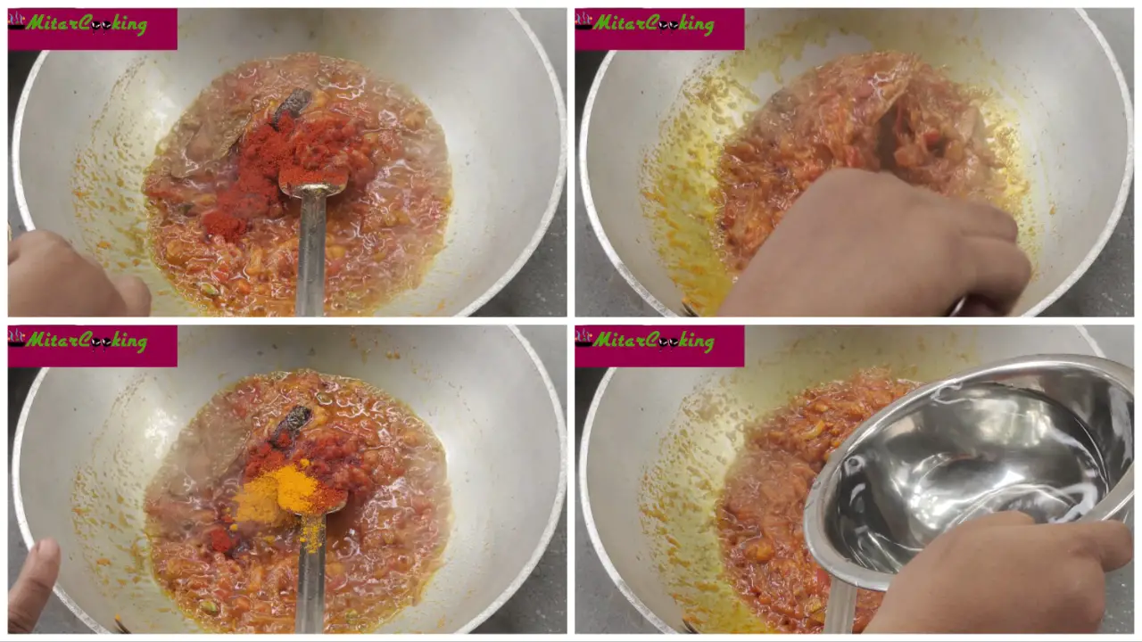 Adding turmeric, red chili powder and water