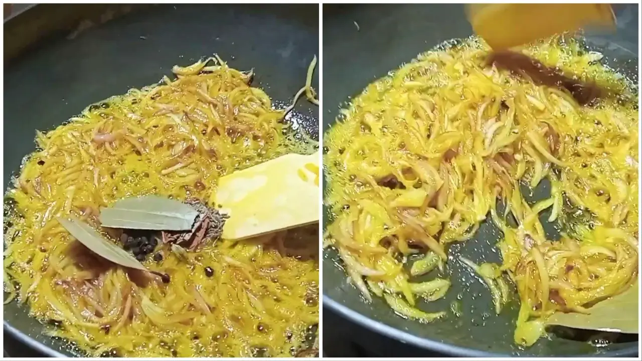 Adding whole spices and stirring