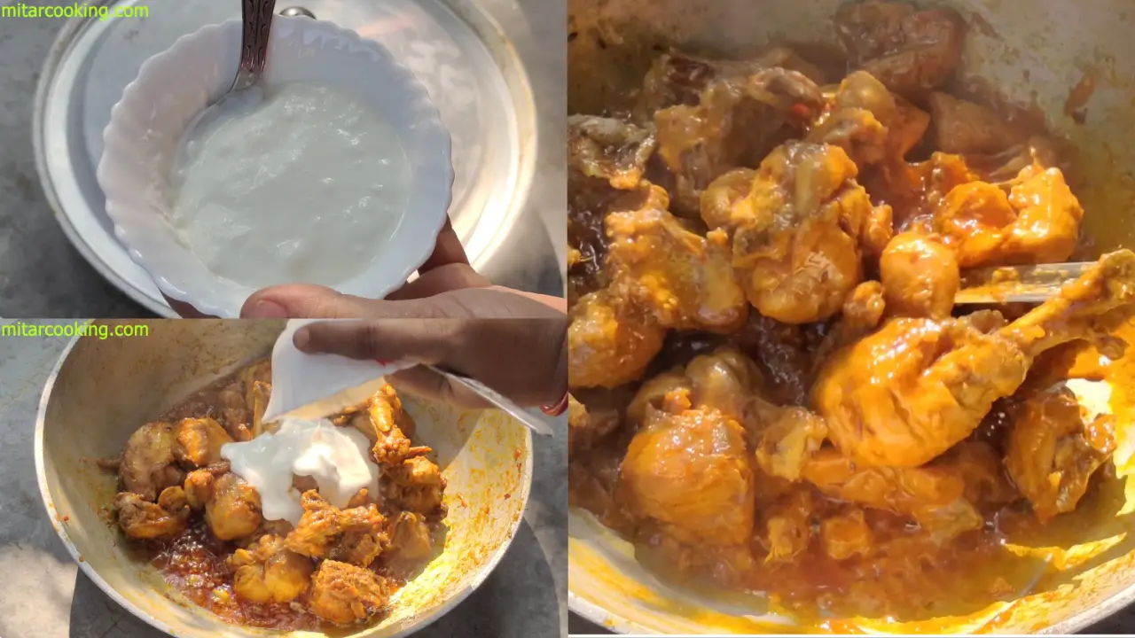 Beating yogurt and adding to the chicken and mixing