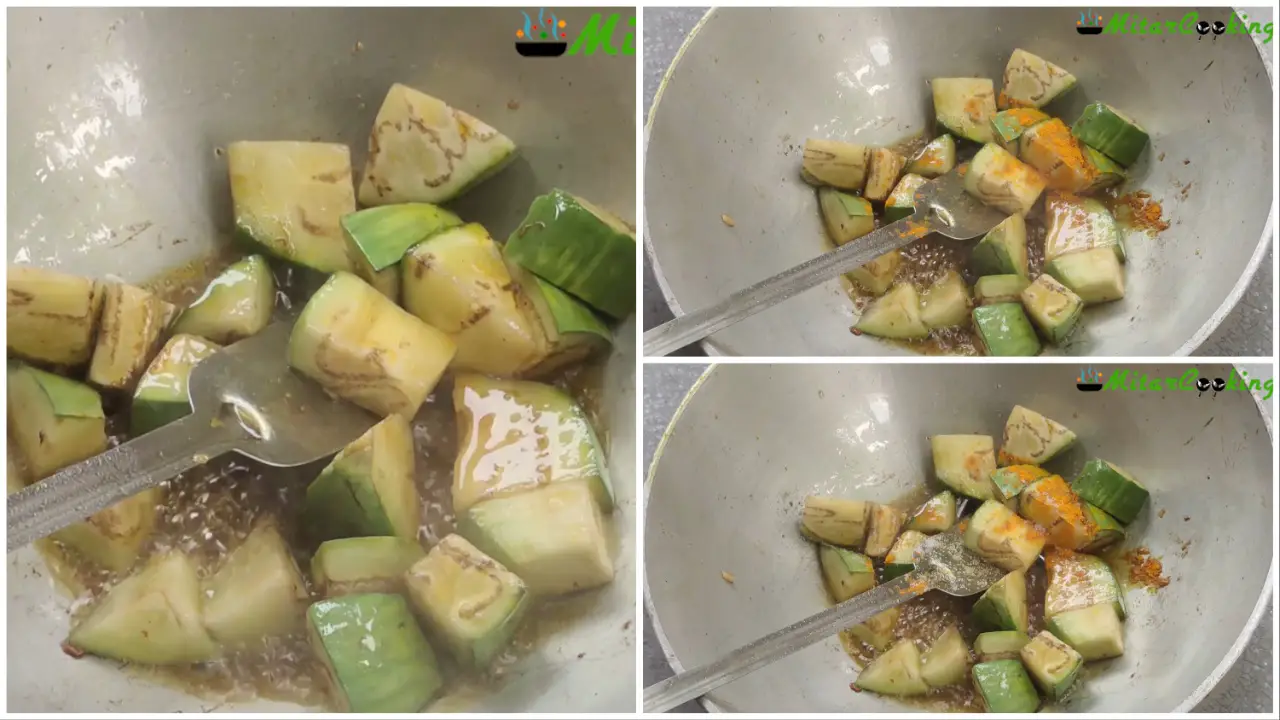 Adding eggplants to the oil