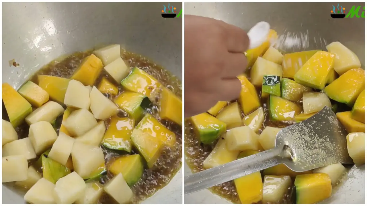 Frying potatoes and pumpkin