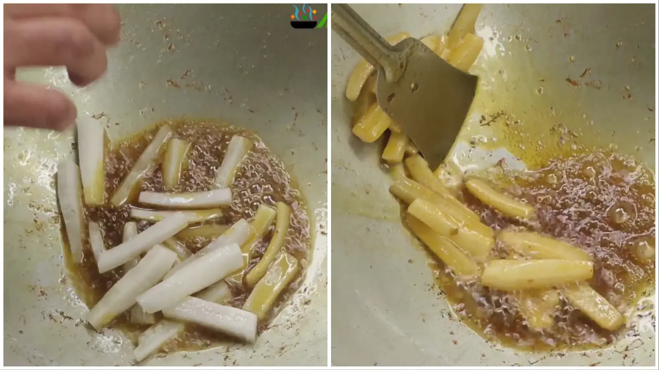 Frying radish and taking them out