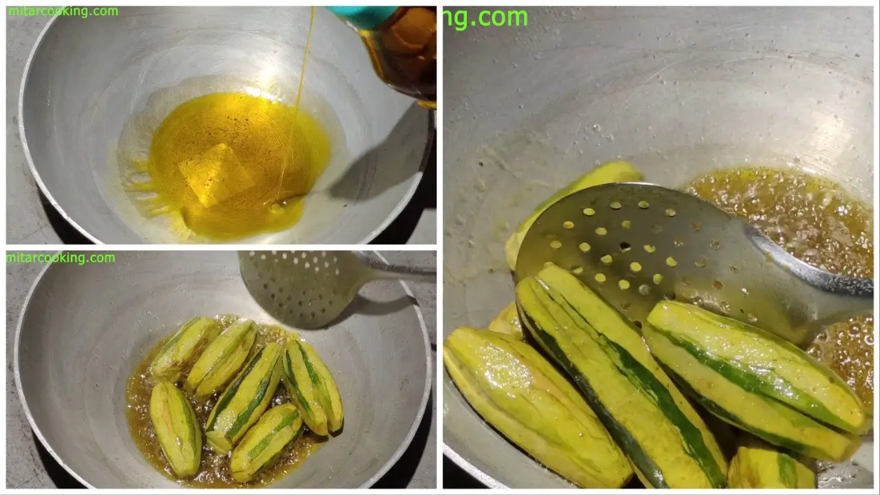 Frying the pointed gourds from all sides until they turn golden brown step by step image
