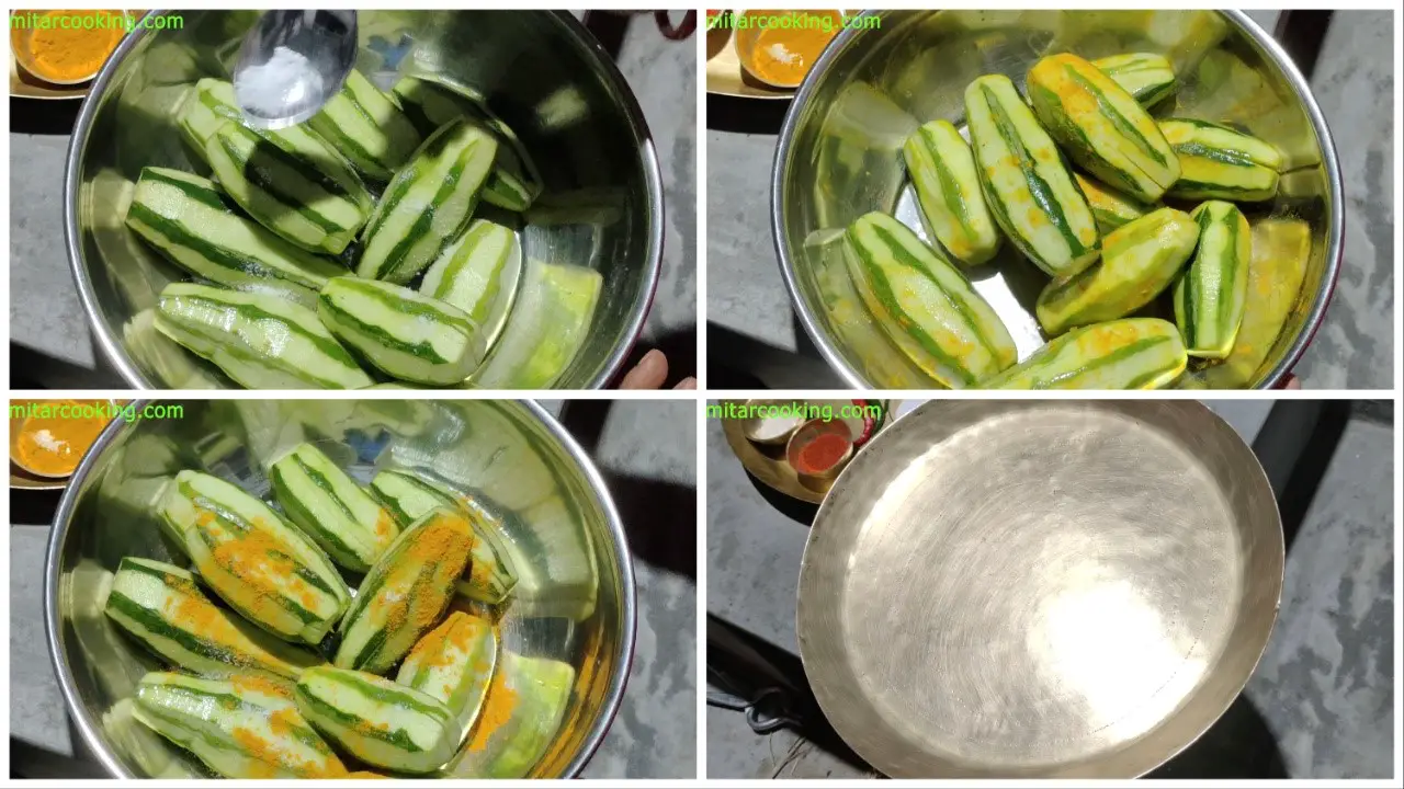 Mixing the pointed gourds with salt and turmeric powder