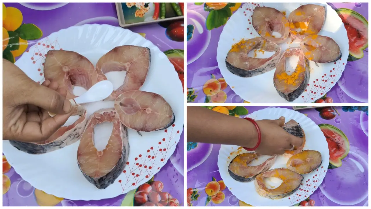 Marinating the fish pieces with salt and turmeric powder