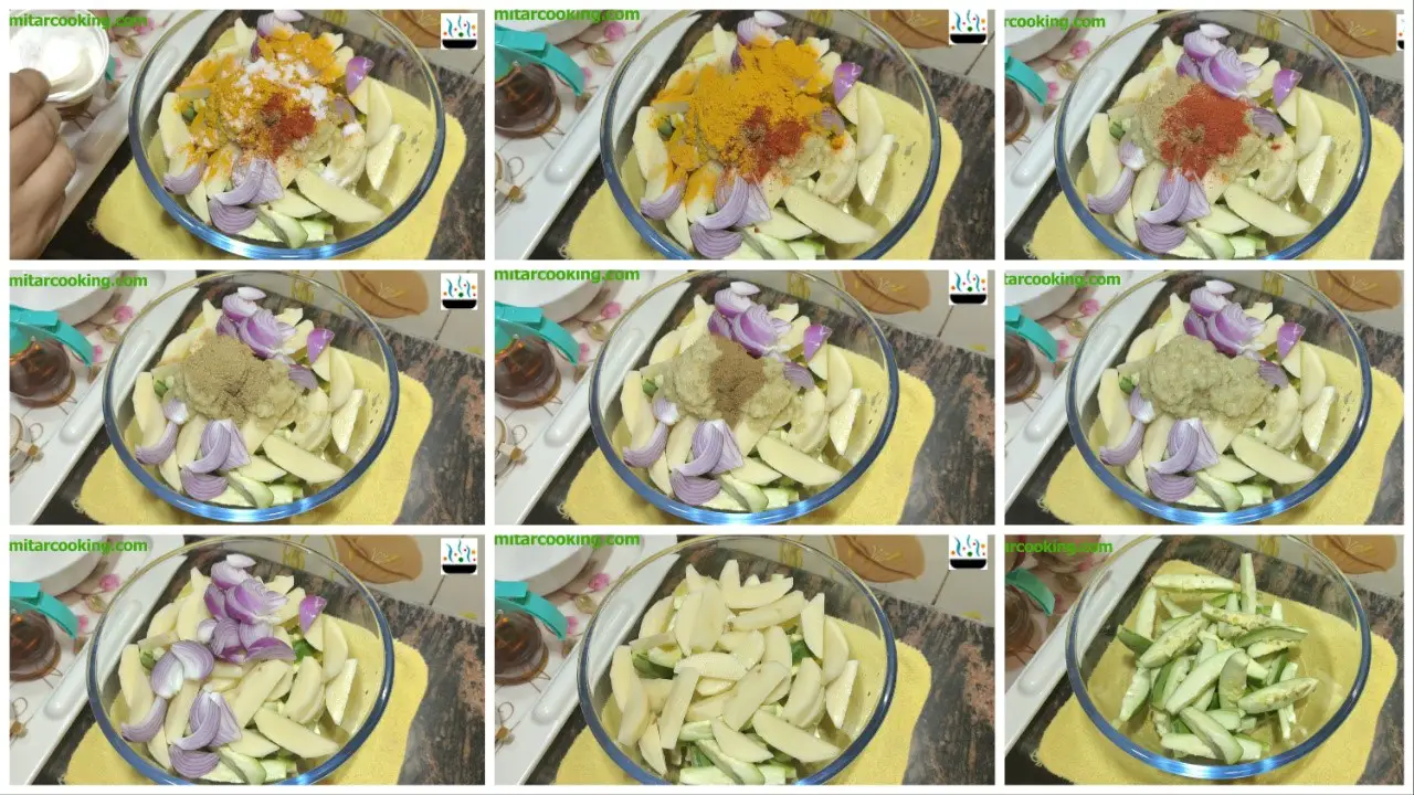 Mix the potato and the pointed gourd with onion, Ginger, garlic and chilli paste, cumin, coriander, turmeric, red chilli colour powder and salt in a separate bowl step by step images