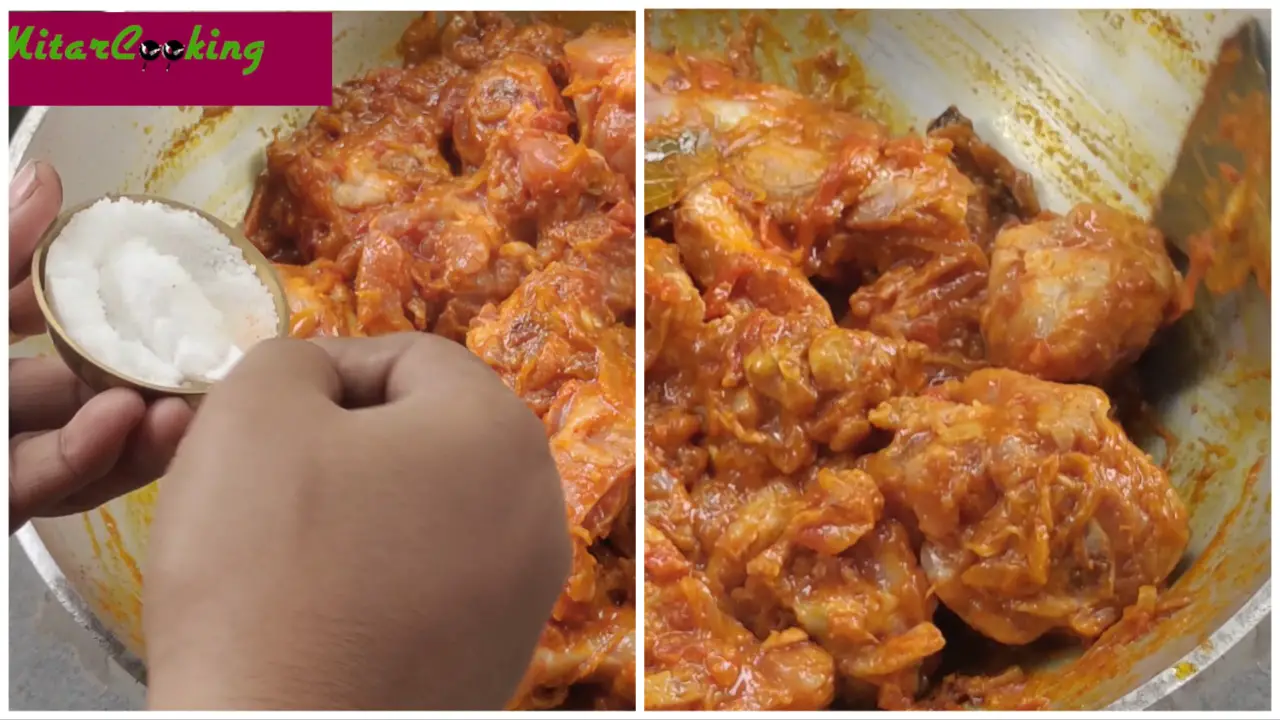 Mixing chicken-tomato-spices mixture