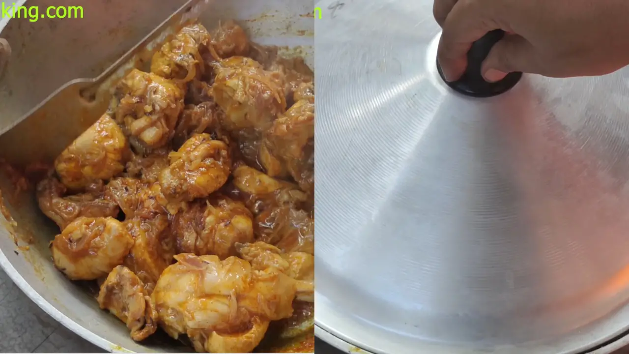Mixing chicken with spices and covering lid