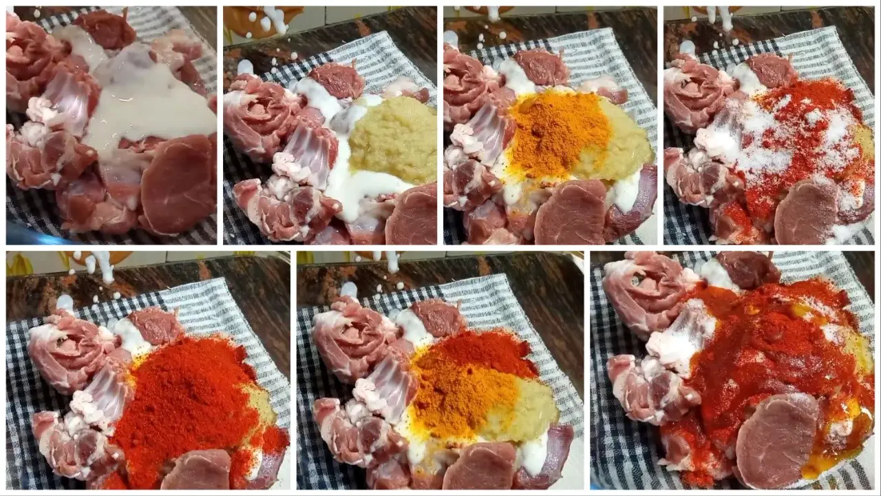 Mixing spices with mutton for marination