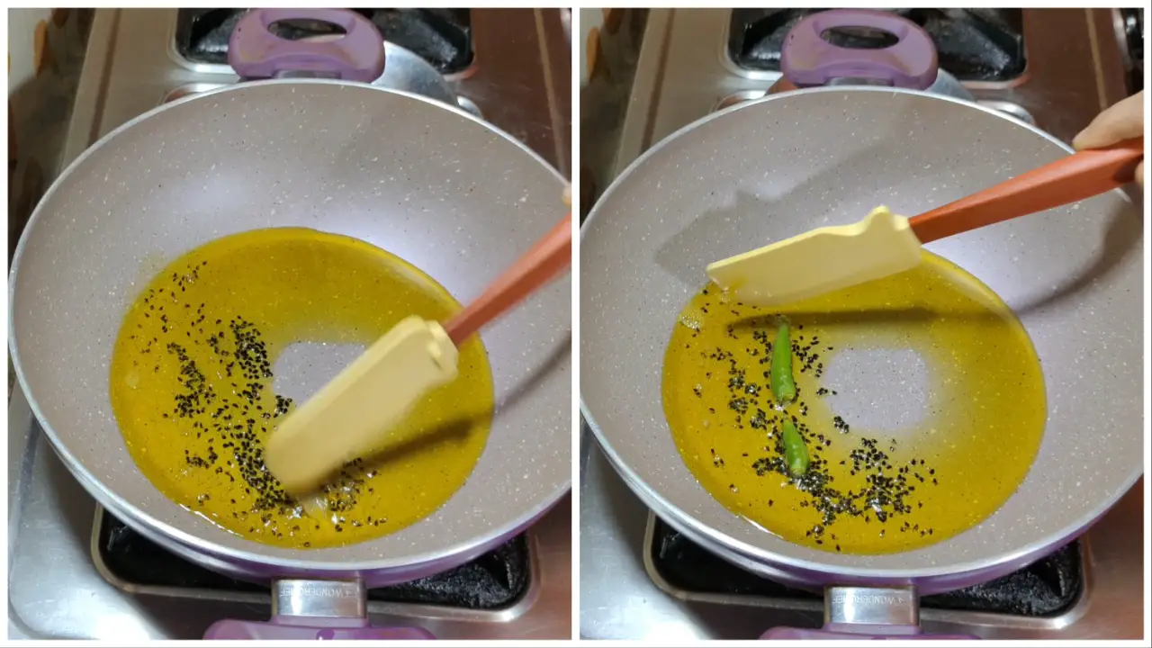 Adding two green chilies and stirring