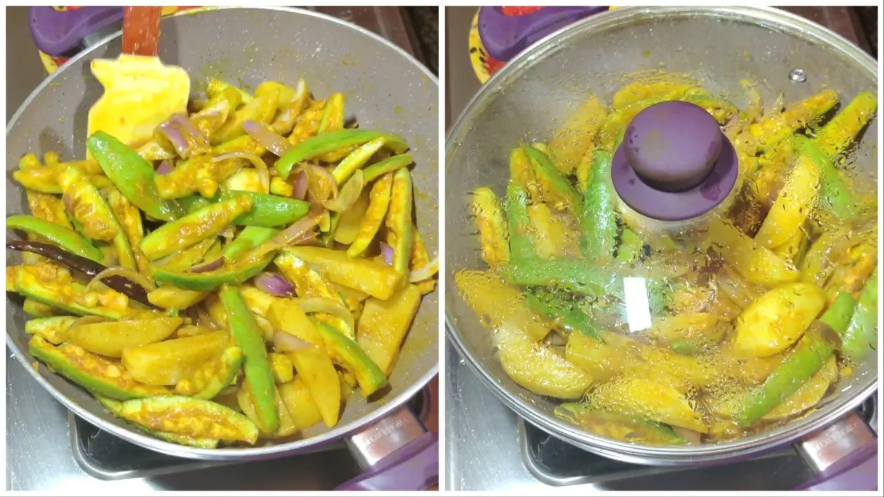Stirring the aloo potol