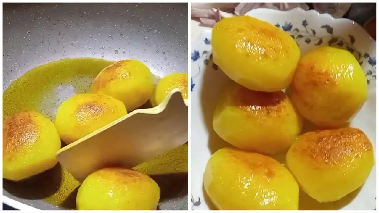Transferring fried potatoes to a bowl