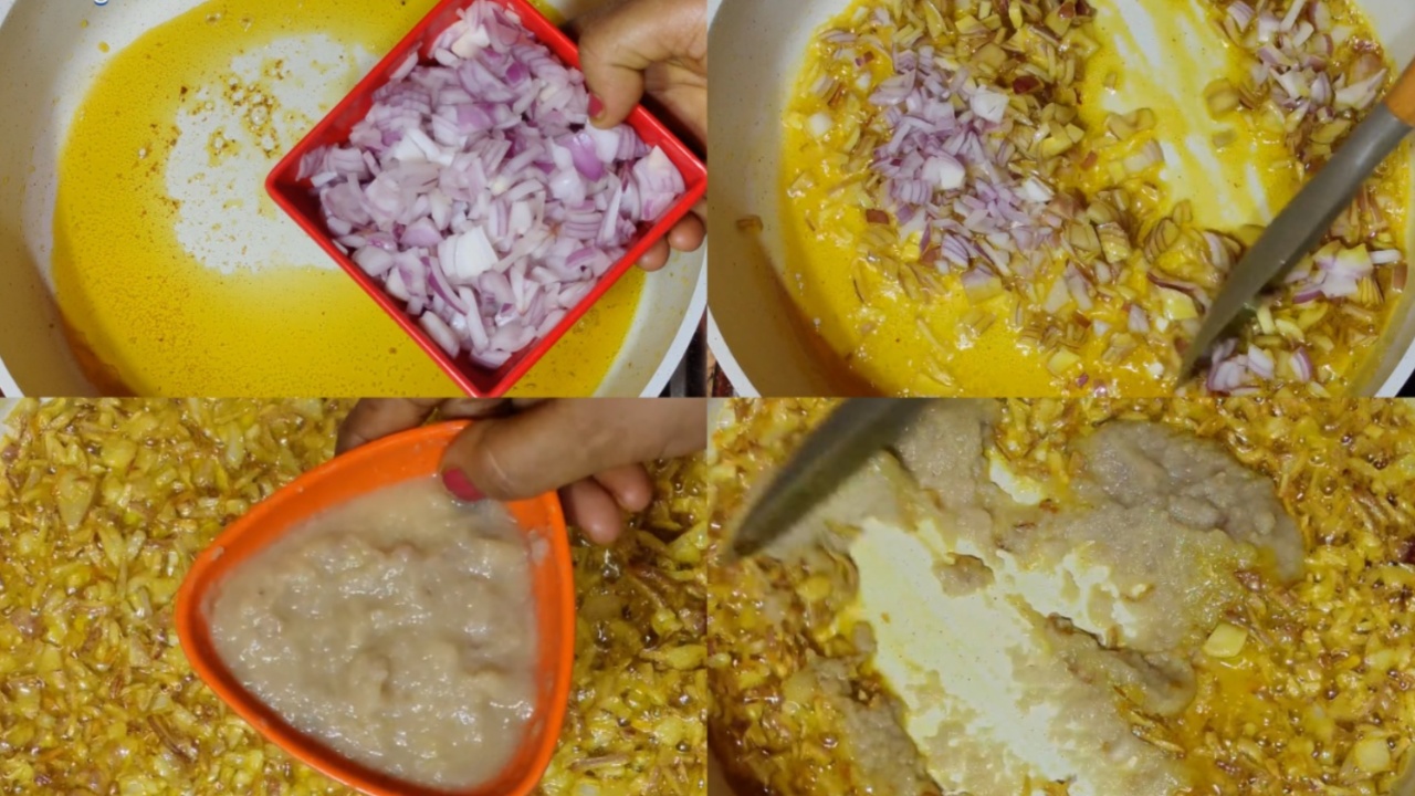 Adding chopped onions, ginger-garlic and stirring