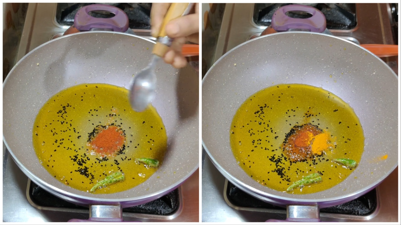 Adding turmeric and Kashmiri red chili powder