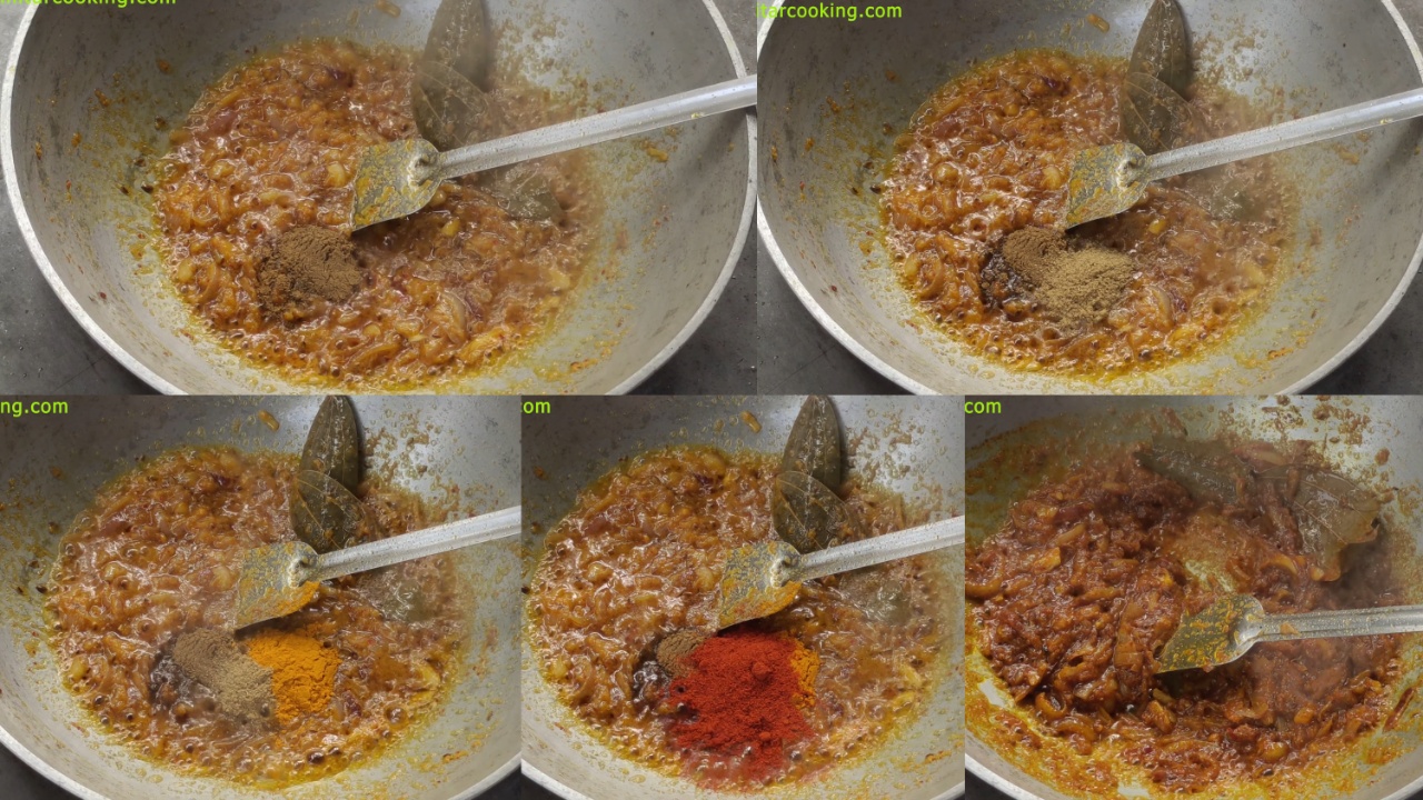 Adding turmeric powder, red chili powder, Kashmiri red chili powder, coriander powder and cumin powder