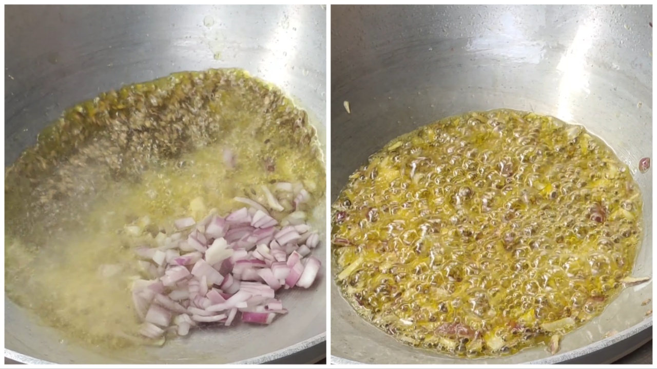 Adding chopped onions and stirring