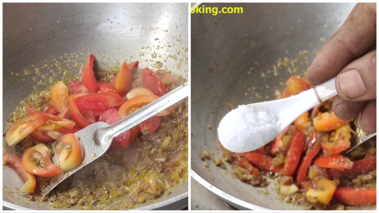 Adding sliced tomatoes and salt