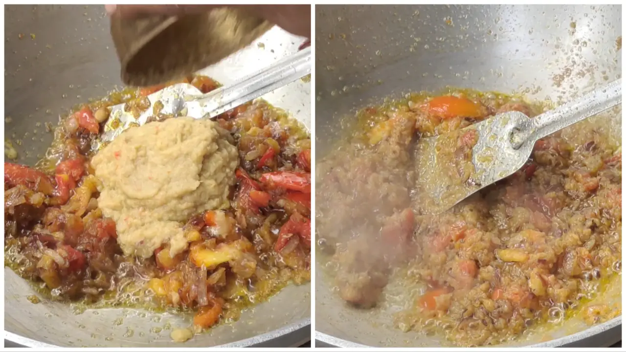 Adding ginger-garlic-chili paste and stirring