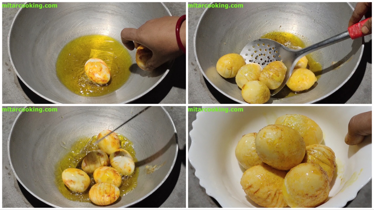 Frying and removing boiled eggs