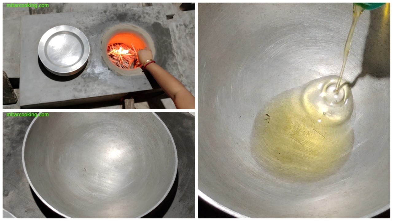 Pouring refined oil into kadai