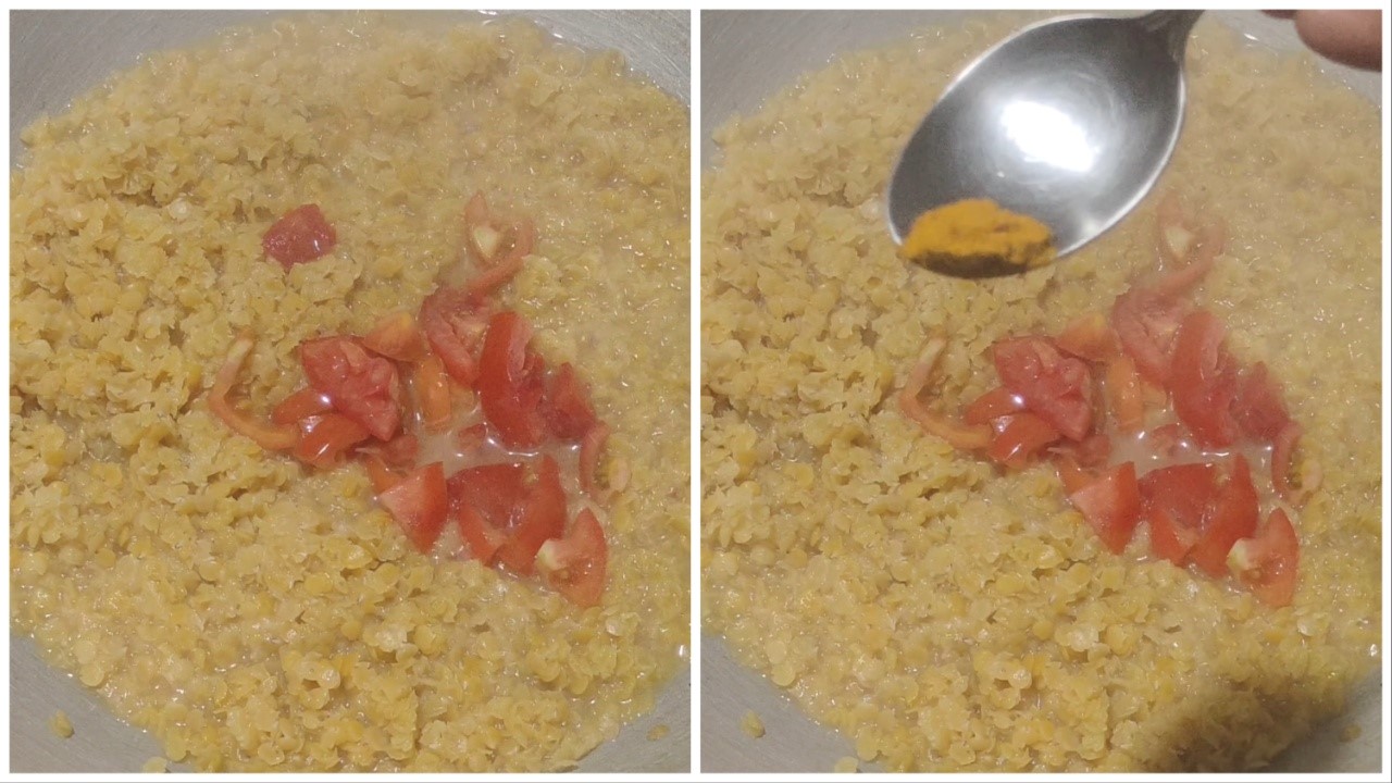 Adding tomatoes and turmeric powder