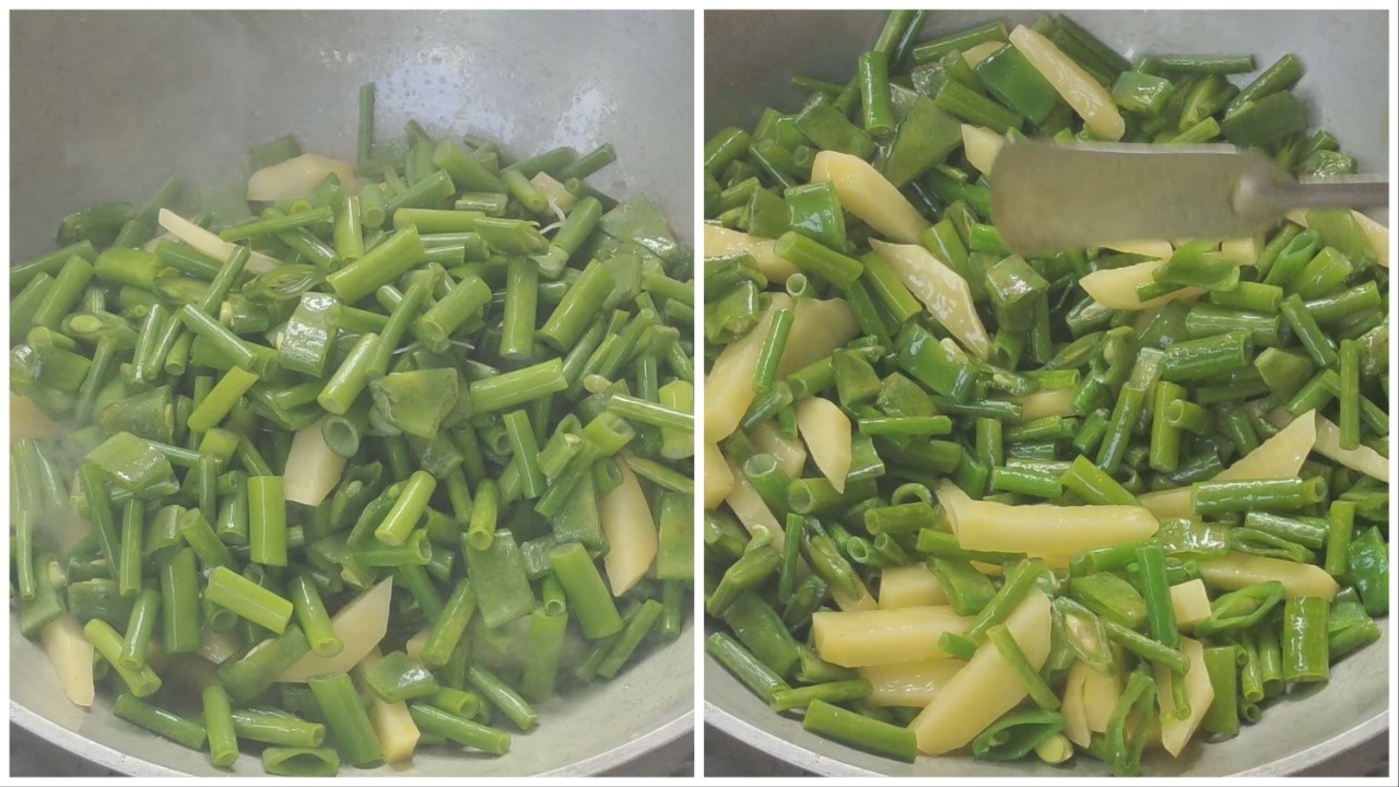 Adding potatoes, snow peas and spring onions to the hot oil
