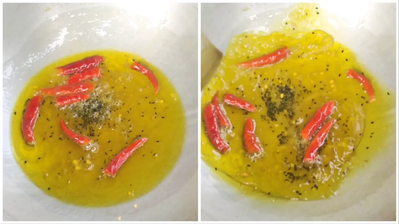Add Kalonji or Kalo jeera and dry chilies to the oil